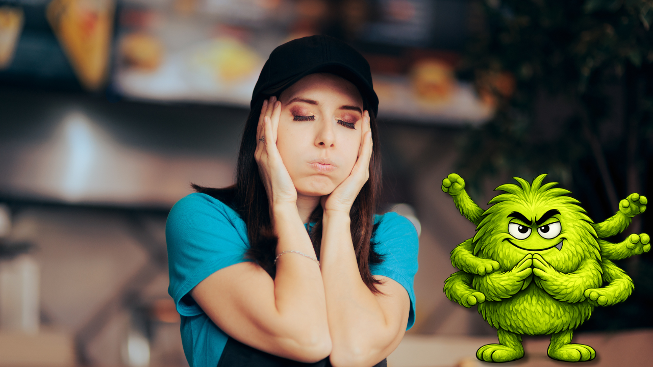 Young restaurant employee looking overwhelmed in a busy restaurant while TMT, the green Restaurant Safety Killer™ representing Too Much To Do, waits nearby.