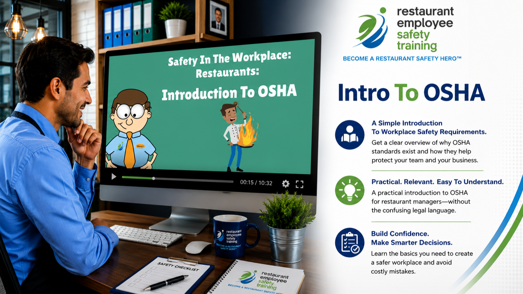 Restaurant manager watching the REST Intro to OSHA Video explaining workplace safety requirements and OSHA responsibilities for restaurants.