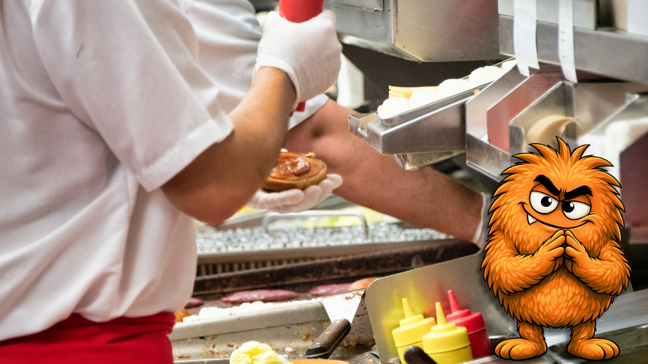 Young restaurant employee working near kitchen equipment while NOT, the Restaurant Safety Killer™ representing No Ongoing Training, watches nearby, illustrating why young workers need ongoing safety training beyond orientation.