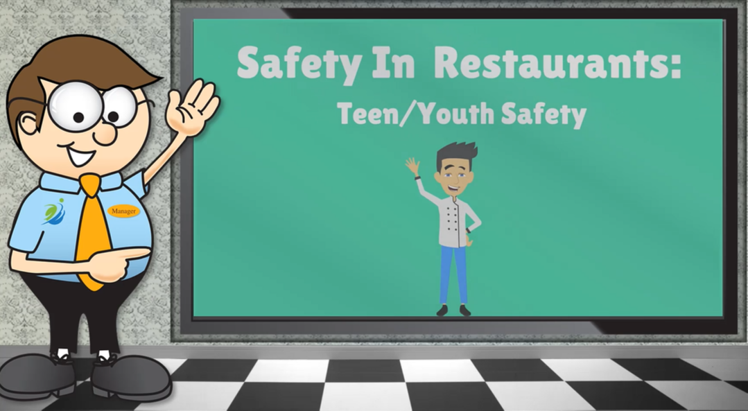 Youth Safety intro – teen worker graphic and animated manager