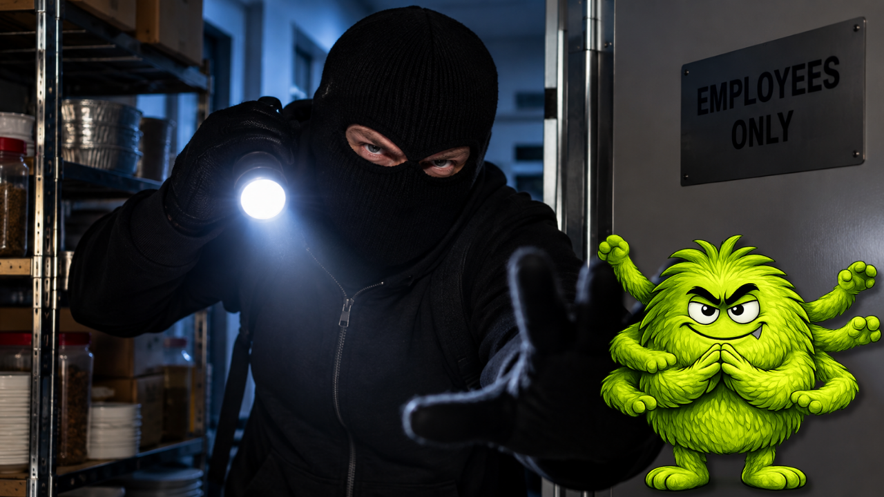 Masked robber attempting to break into a restaurant while TMT, the green Restaurant Safety Killer™ representing Too Much Managers' Time, watches nearby.