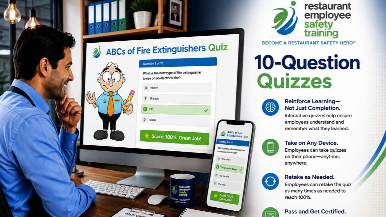 Restaurant manager reviewing REST 10-Question employee safety quizzes completed on a desktop computer and smartphone.