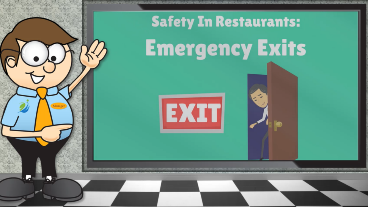 Restaurant safety training explaining emergency exit safety and keeping exit routes clear for employees and guests.