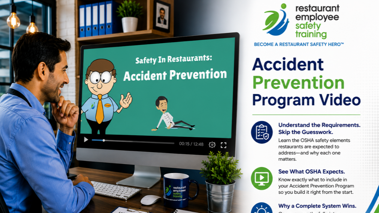 Restaurant manager watching the REST Accident Prevention Program Video explaining the safety elements restaurants should address in a complete workplace safety program.