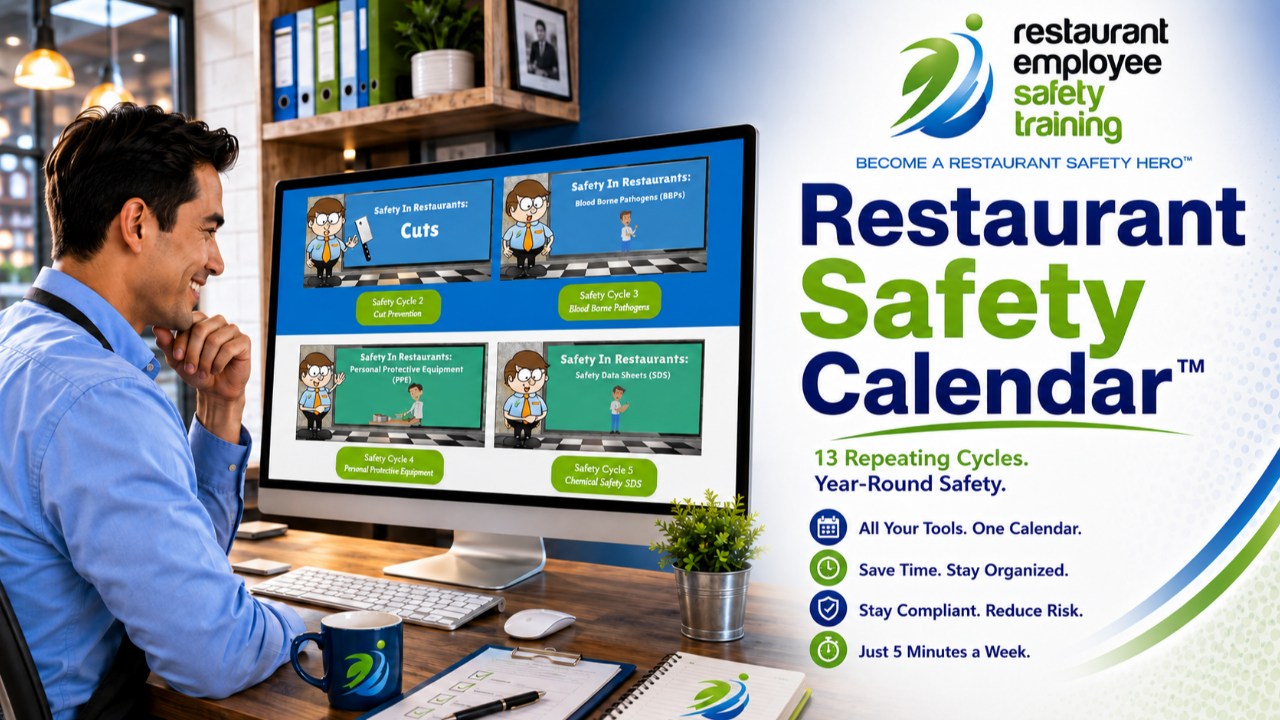 Restaurant manager reviewing the Restaurant Safety Calendar™ inside the Manager's Safety Command Center™, demonstrating how consistent safety training helps build lasting safety habits instead of relying on a traditional safety binder.