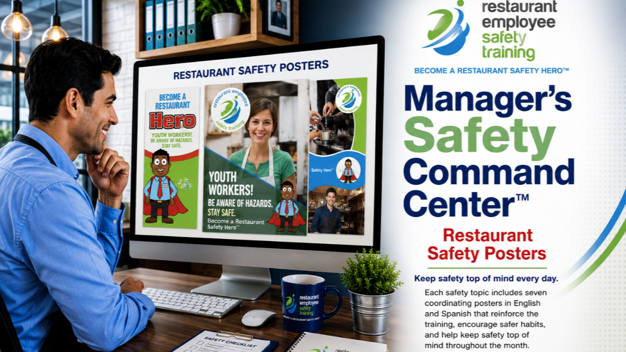Restaurant manager viewing REST Restaurant Safety Posters in English and Spanish for reinforcing employee safety training throughout each 28-day safety cycle.