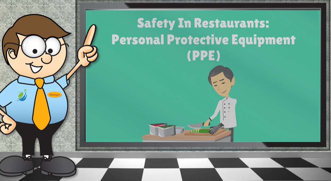 PPE safety training intro slide – cartoon manager with glove and apron icons