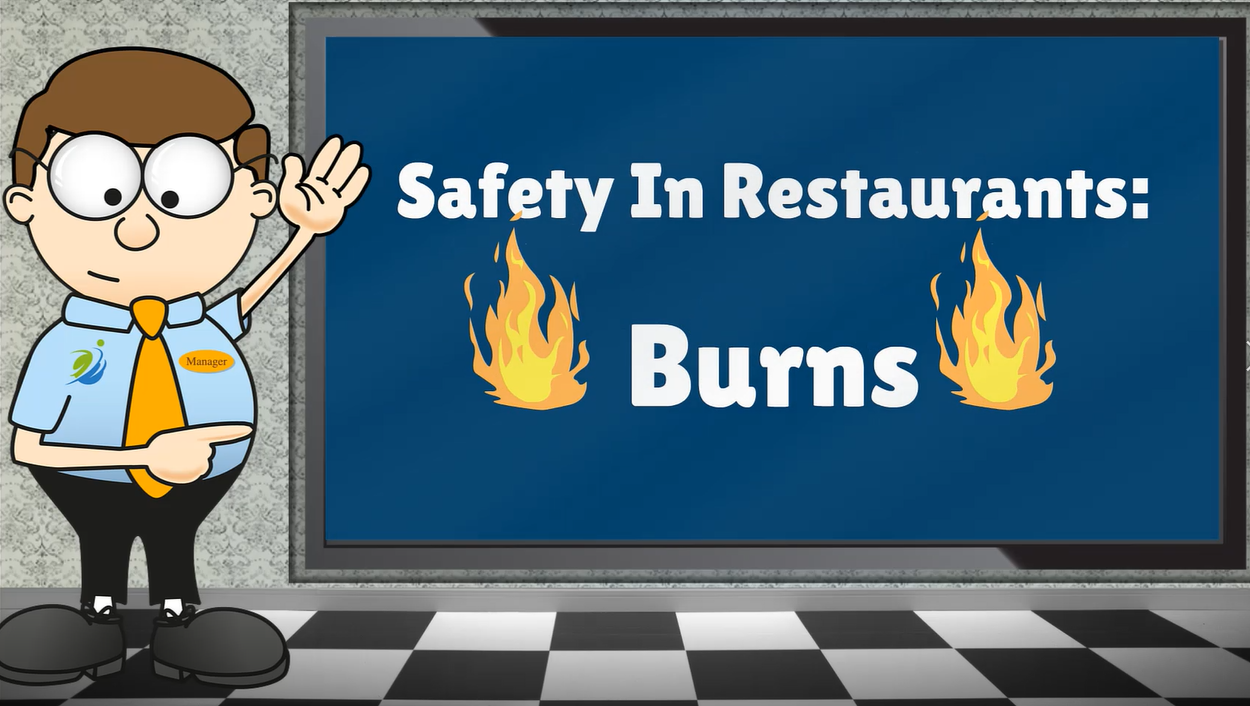 First slide of Prevent Burns training video – animated manager and stovetop flame