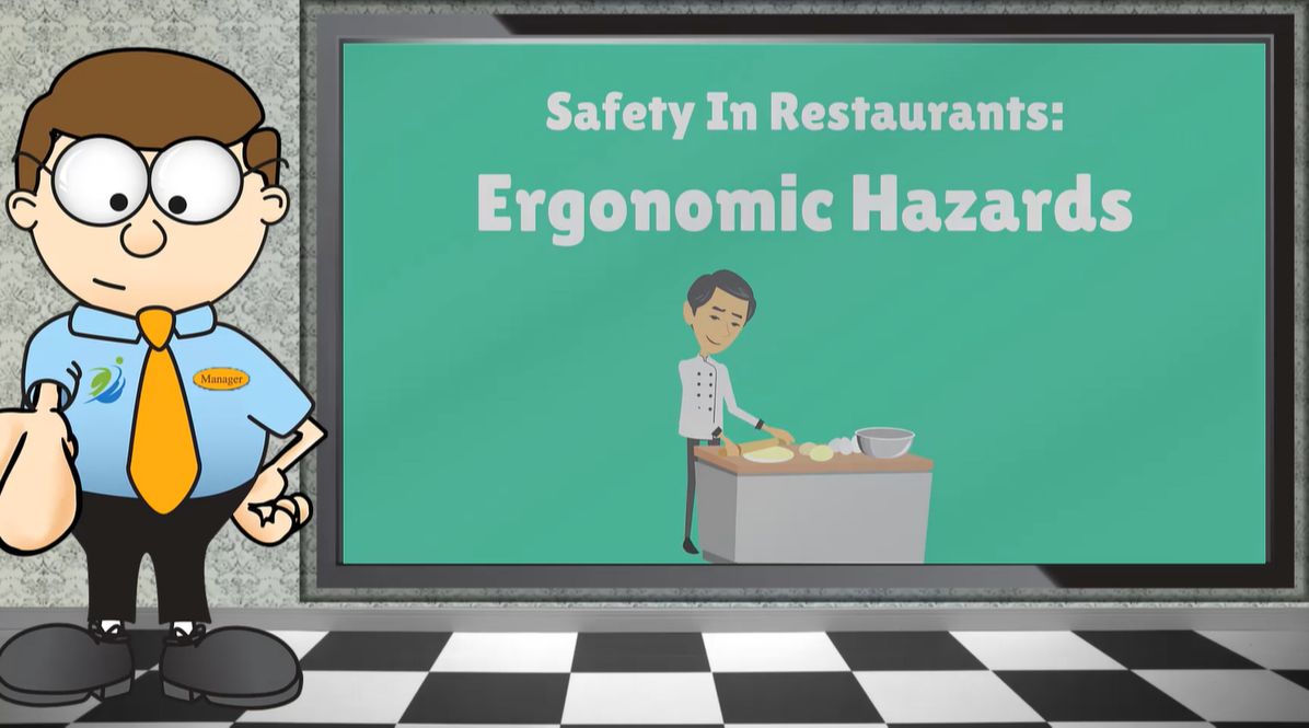 Ergonomics video intro – cartoon showing awkward work posture
