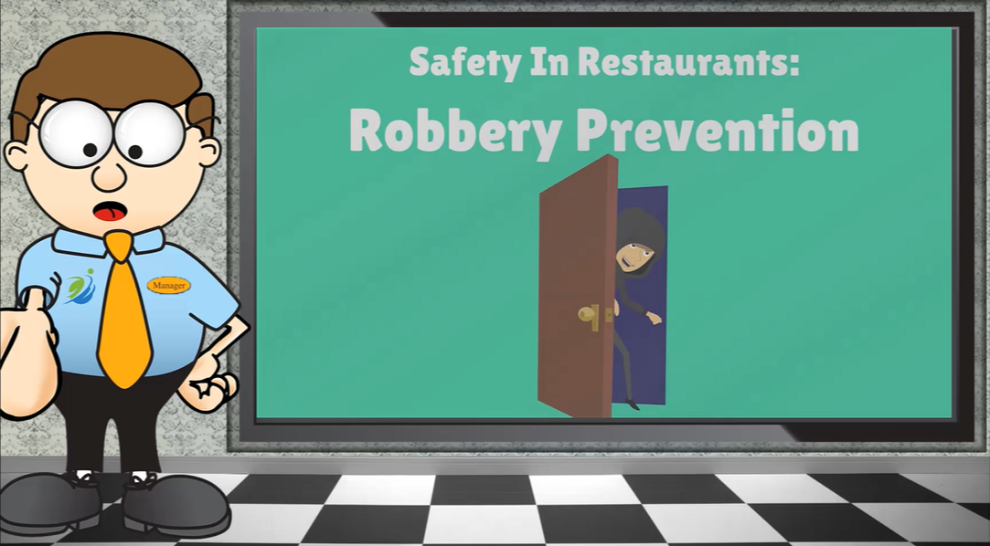 Robbery Prevention video intro – animated manager with security icon
