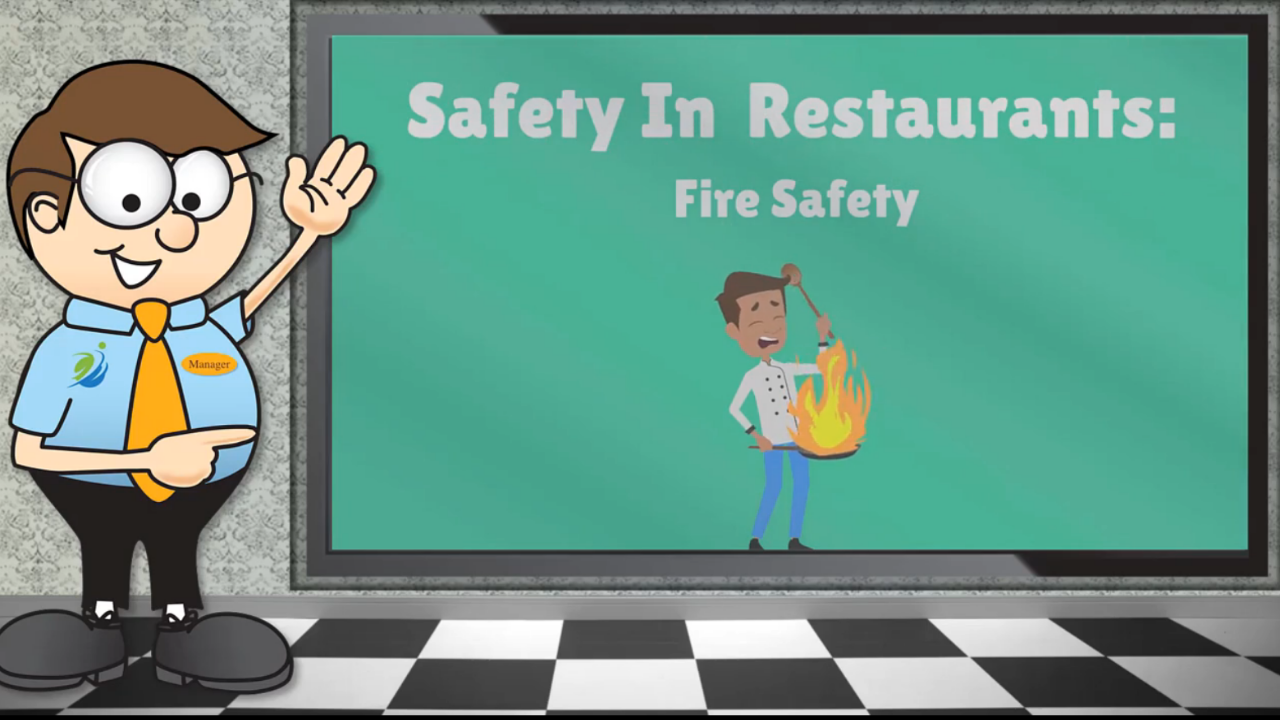 Restaurant safety training explaining fire safety and preventing kitchen fires in restaurants.