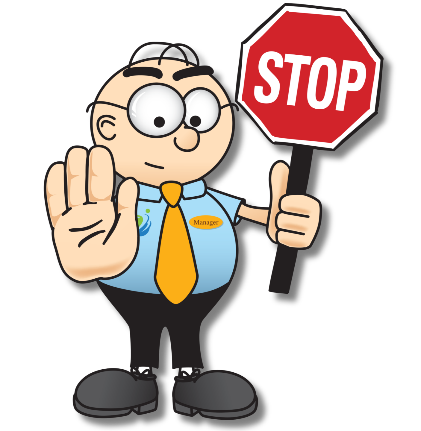 Cartoon restaurant manager superhero wearing a red cape and tie, smiling and pointing forward, representing workplace safety and confidence.