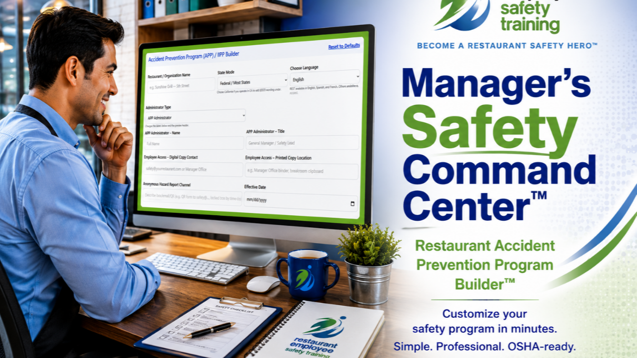 Restaurant Accident Prevention Program Builder inside the REST Manager's Safety Command Center for creating and customizing a written restaurant safety program