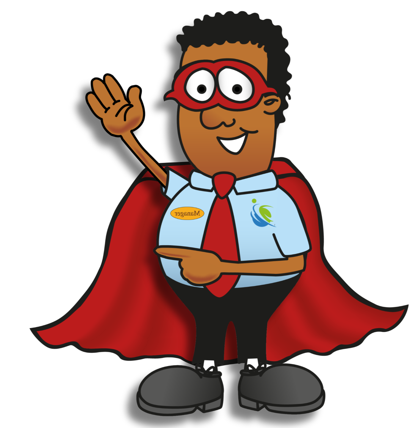 Cartoon restaurant manager superhero wearing a red cape and tie, smiling and pointing forward, representing workplace safety and confidence.