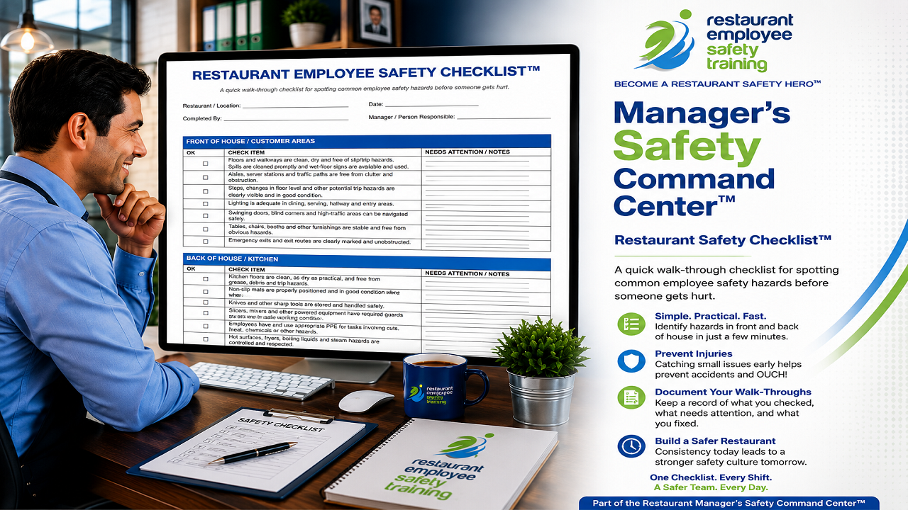 Restaurant manager using the Restaurant Employee Safety Checklist as part of the Restaurant Manager's Safety Command Center to identify workplace hazards.