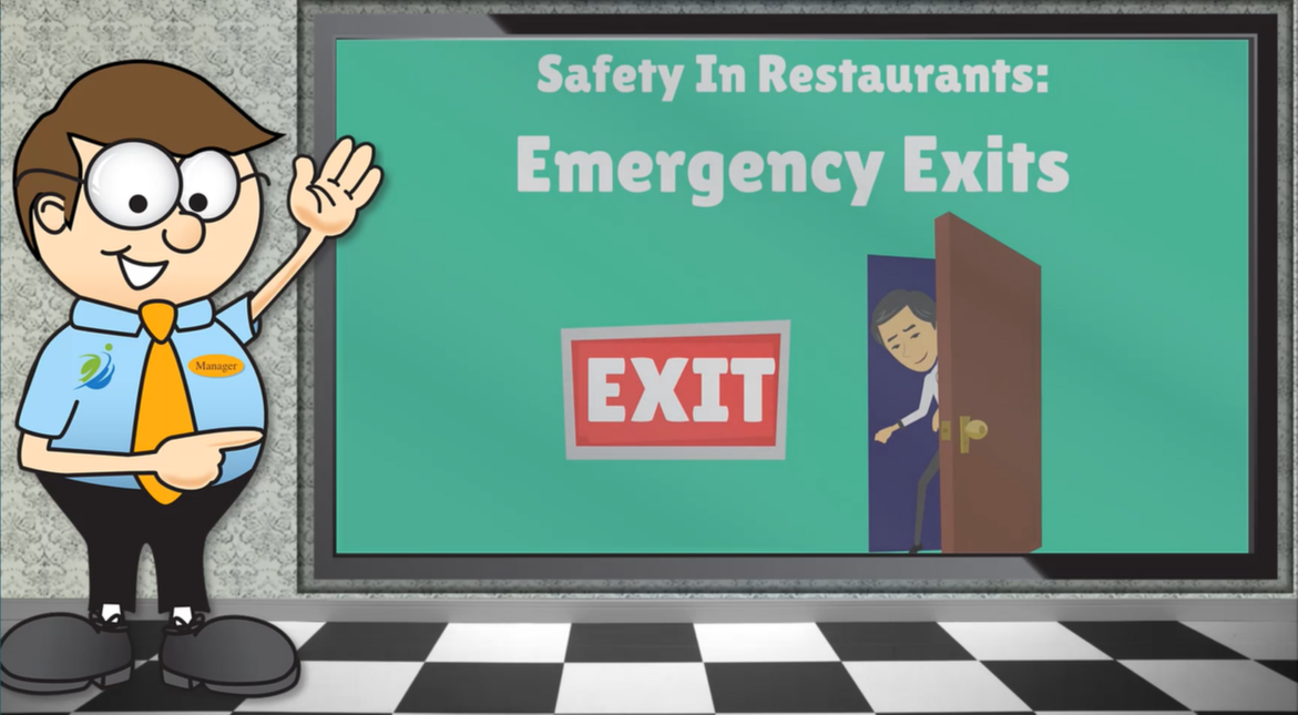 First slide of Emergency Exits training – cartoon manager pointing at exit sign