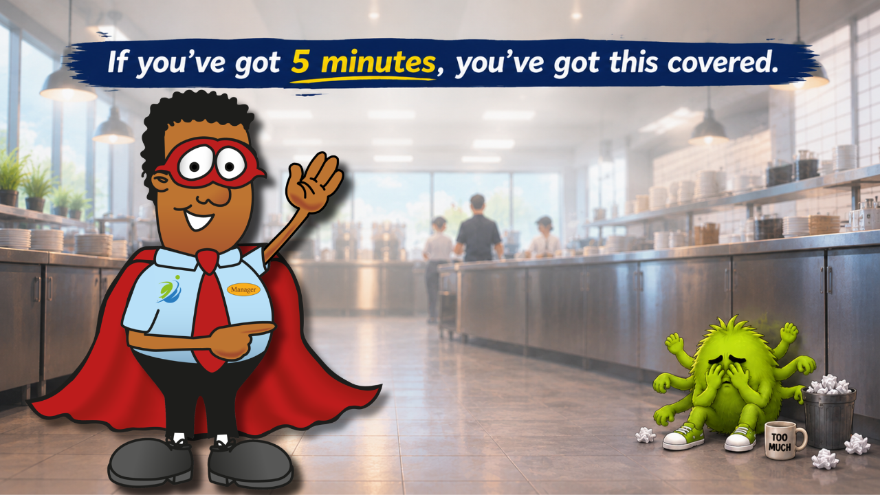 Restaurant Safety Hero standing confidently in a busy restaurant while TMT Too Much to Manage sits defeated, illustrating how REST keeps restaurant employee safety manageable in about five minutes a week.