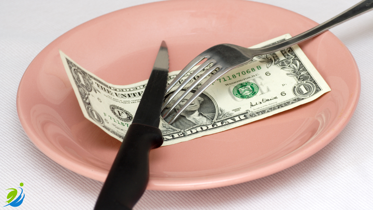 Dollar bill placed on a plate with a fork and knife, symbolizing rising costs, workers’ compensation impact, and how workplace injuries can eat into restaurant profits.