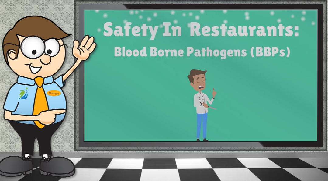 Bloodborne Pathogens video intro – restaurant manager with hazard icon