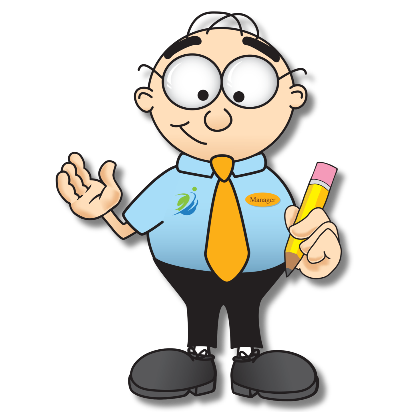 Smiling cartoon employee holding a pencil, ready to learn restaurant safety.