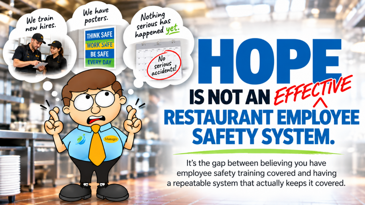 Restaurant manager crossing his fingers beside the message, “Hope Is Not an Effective Restaurant Employee Safety System.