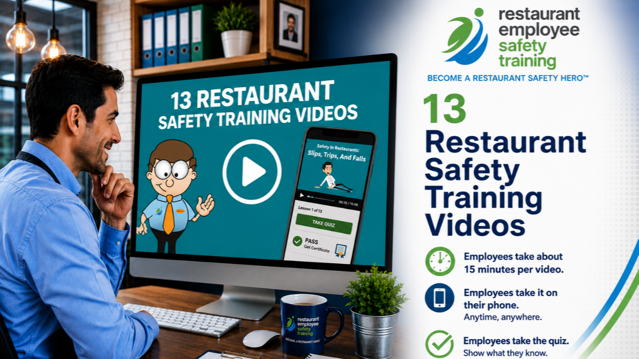 Restaurant manager viewing REST's 13 Restaurant Safety Training Videos designed for employees to complete on a phone, tablet, or computer in about 15 minutes.
