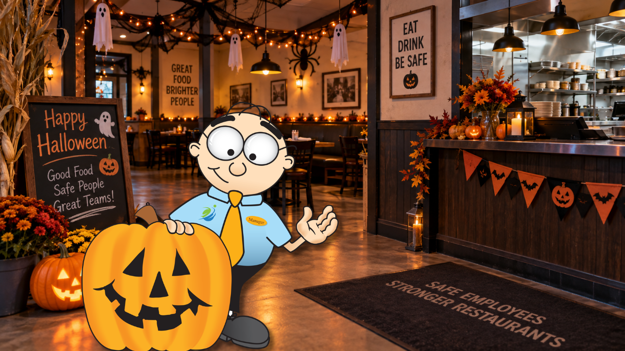 Restaurant manager peeking from behind a jack-o'-lantern inside a Halloween-decorated restaurant promoting Halloween restaurant employee safety