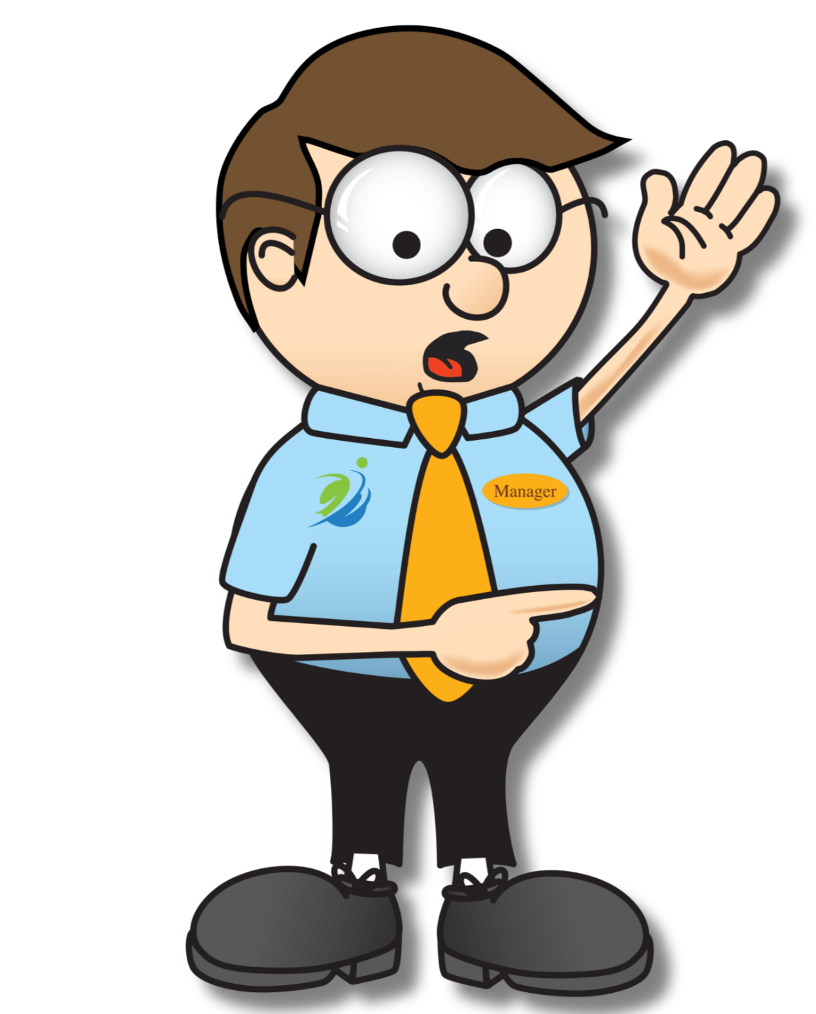 Cartoon restaurant manager in a blue shirt, orange tie, and name tag labeled "Manager," holding a covered serving tray in one hand and a folded white towel over the other arm, smiling and ready to serve up affordable, effective Restaurant Employee Safety Training savings.