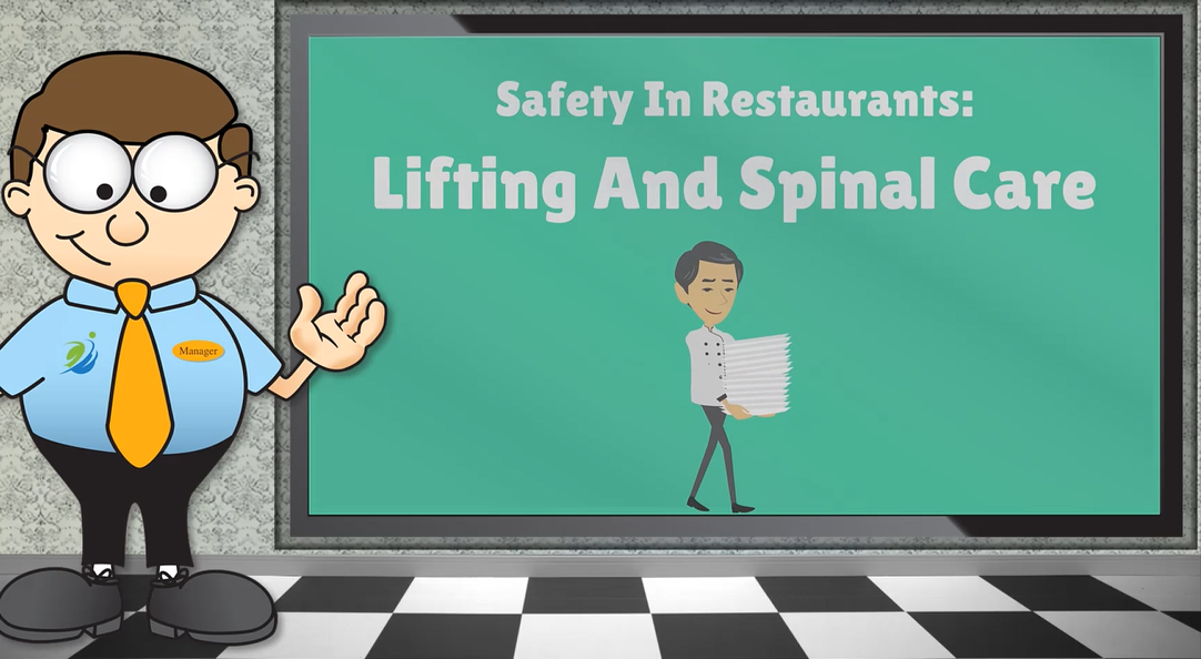 Lifting and Spinal Care training – cartoon restaurant worker with crate