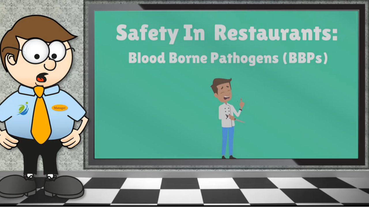 Restaurant safety training explaining bloodborne pathogen safety and safe response to blood exposure in restaurants.