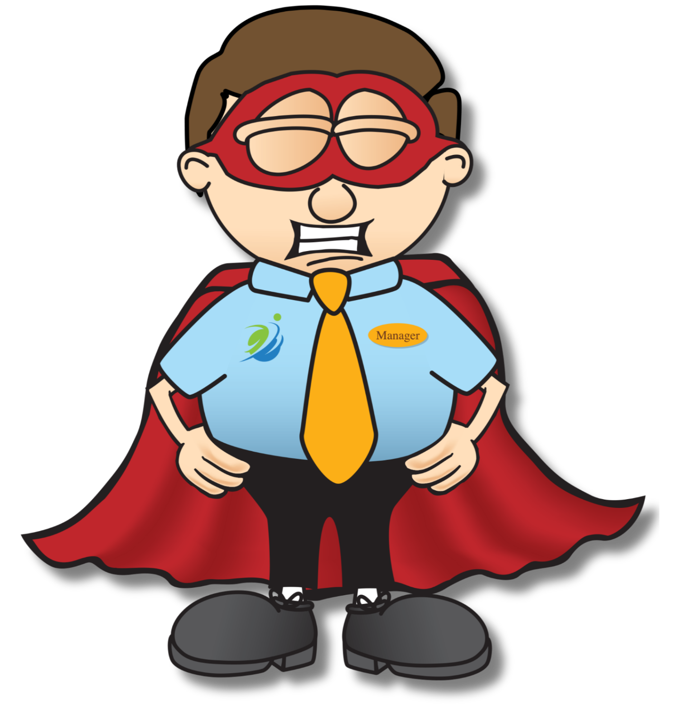 Cartoon restaurant worker in red hero cape grinning confidently