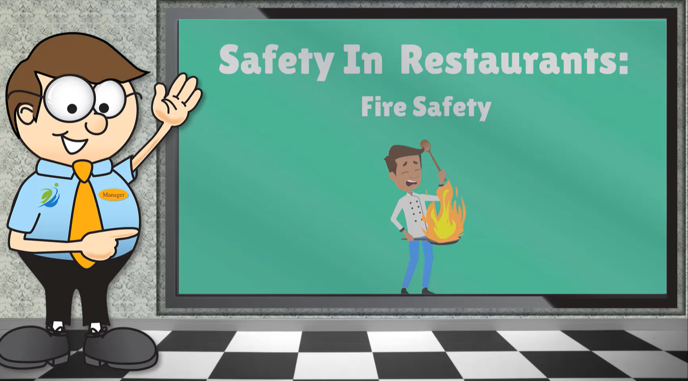 First slide of Fire Safety video – animated manager with fire extinguisher graphic