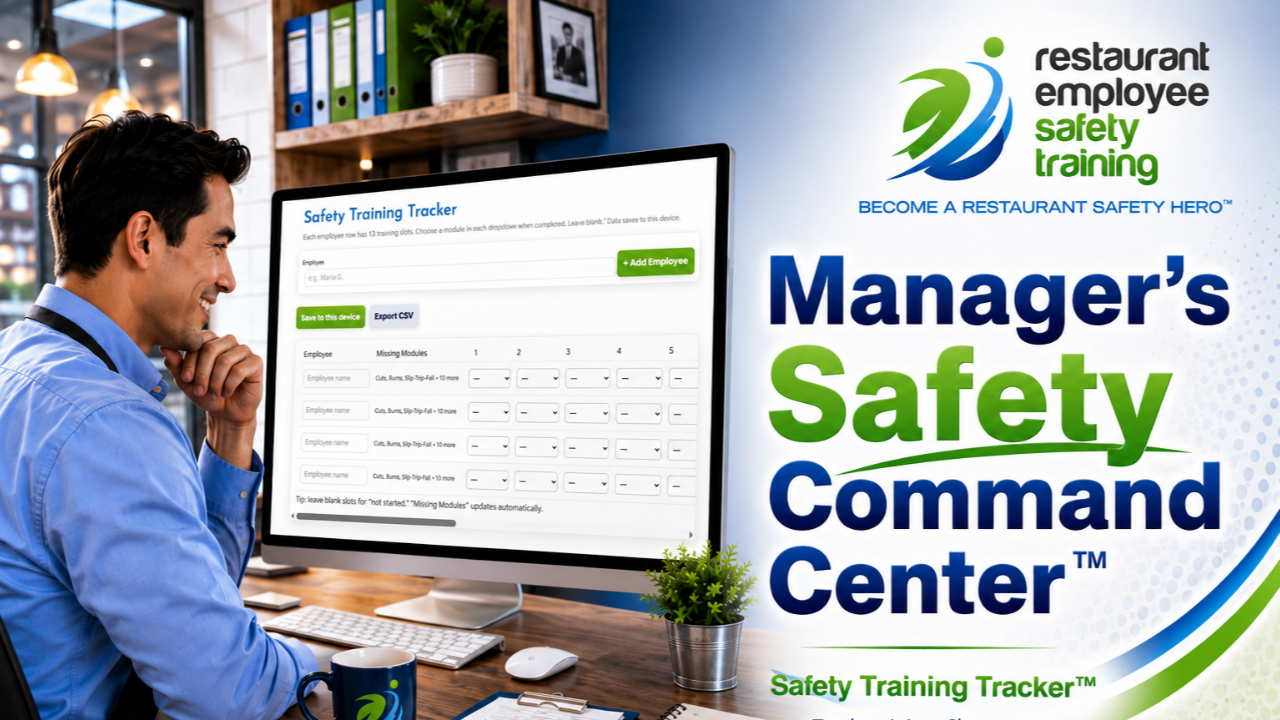 Restaurant Safety Training Tracker dashboard showing employee progress across all 13 restaurant safety training modules inside the Restaurant Manager's Safety Command Center.