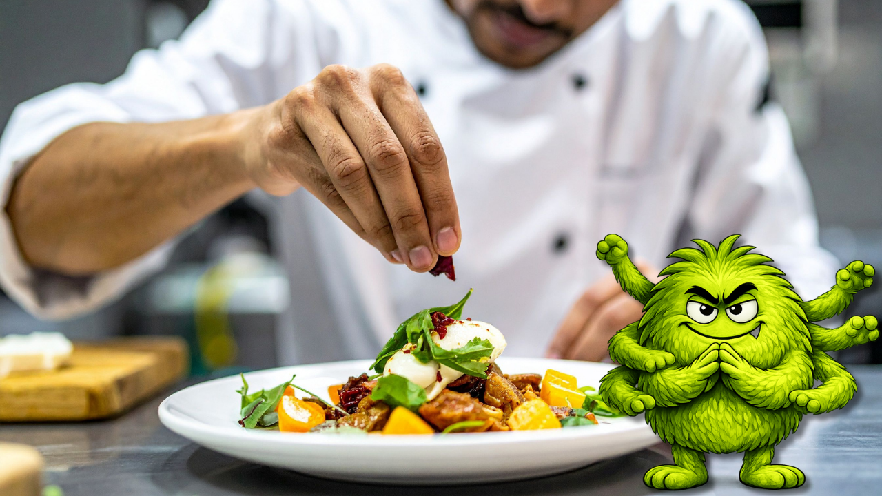 Restaurant employee rubbing a sore shoulder after repeatedly lifting and reaching for supplies while TMT™, the green Restaurant Safety Killer™ representing Too Much Managers' Time™, watches nearby.