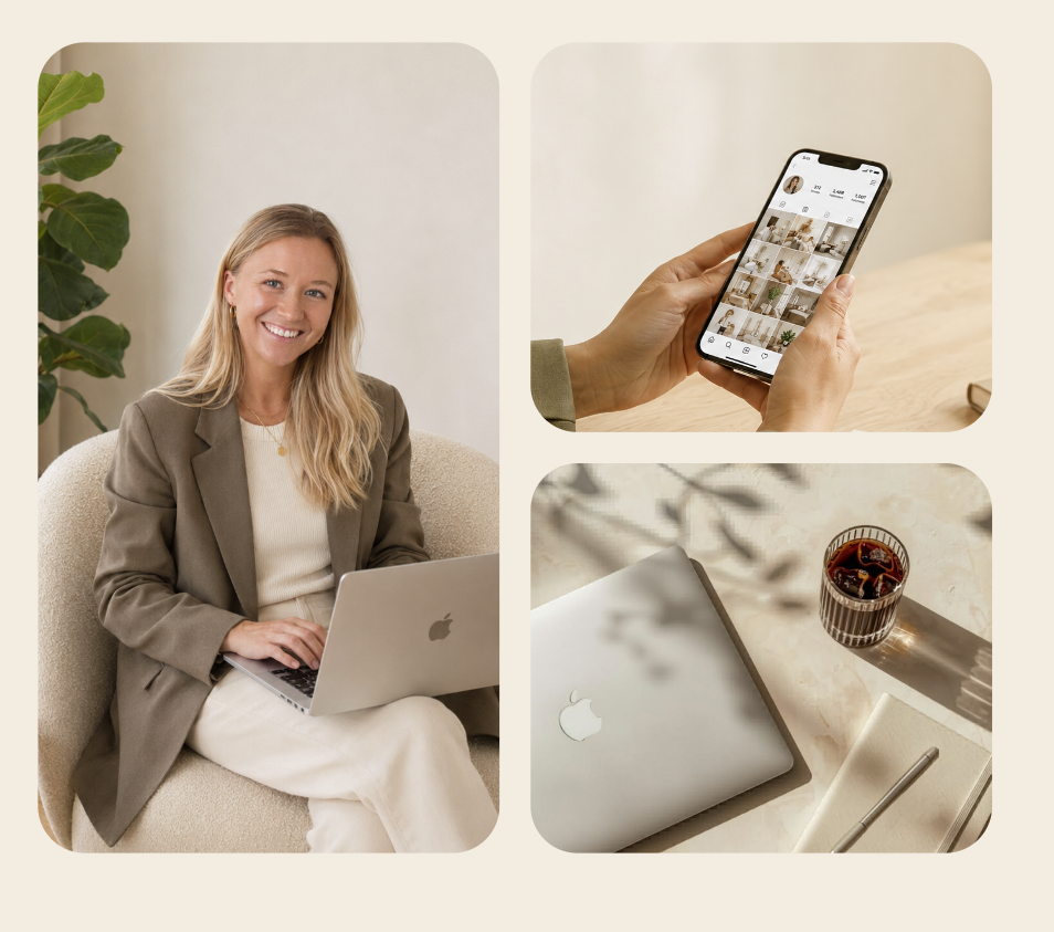 Rikke Hembre med laptop, collage med telefon i hånd og notatbok på bord