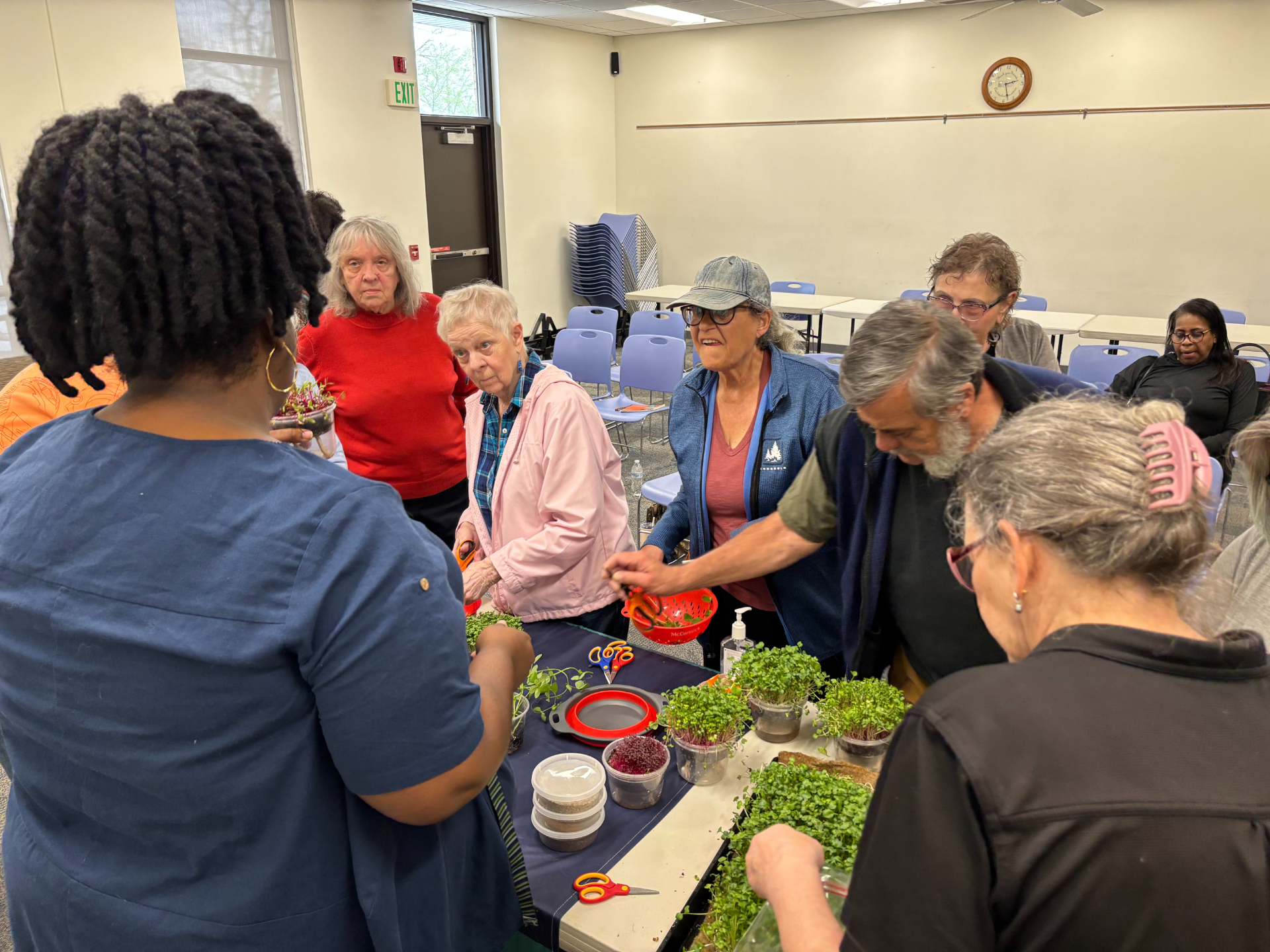 Group observing microgreens at a training session