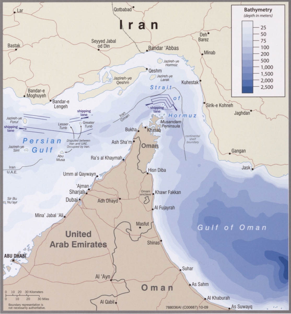 Map of the Strait of Hormuz showing Iran, the UAE, Oman and the shipping lanes