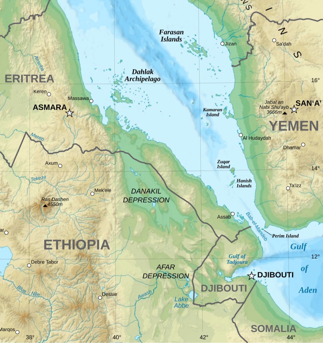Map of the southern Red Sea showing Yemen's coast, the Bab-el-Mandeb strait, Eritrea and Djibouti