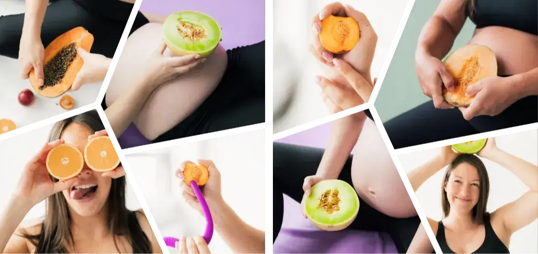 Femmes enceintes et fruits illustrant la taille du bébé – préparation à l'accouchement avec une physio périnéale