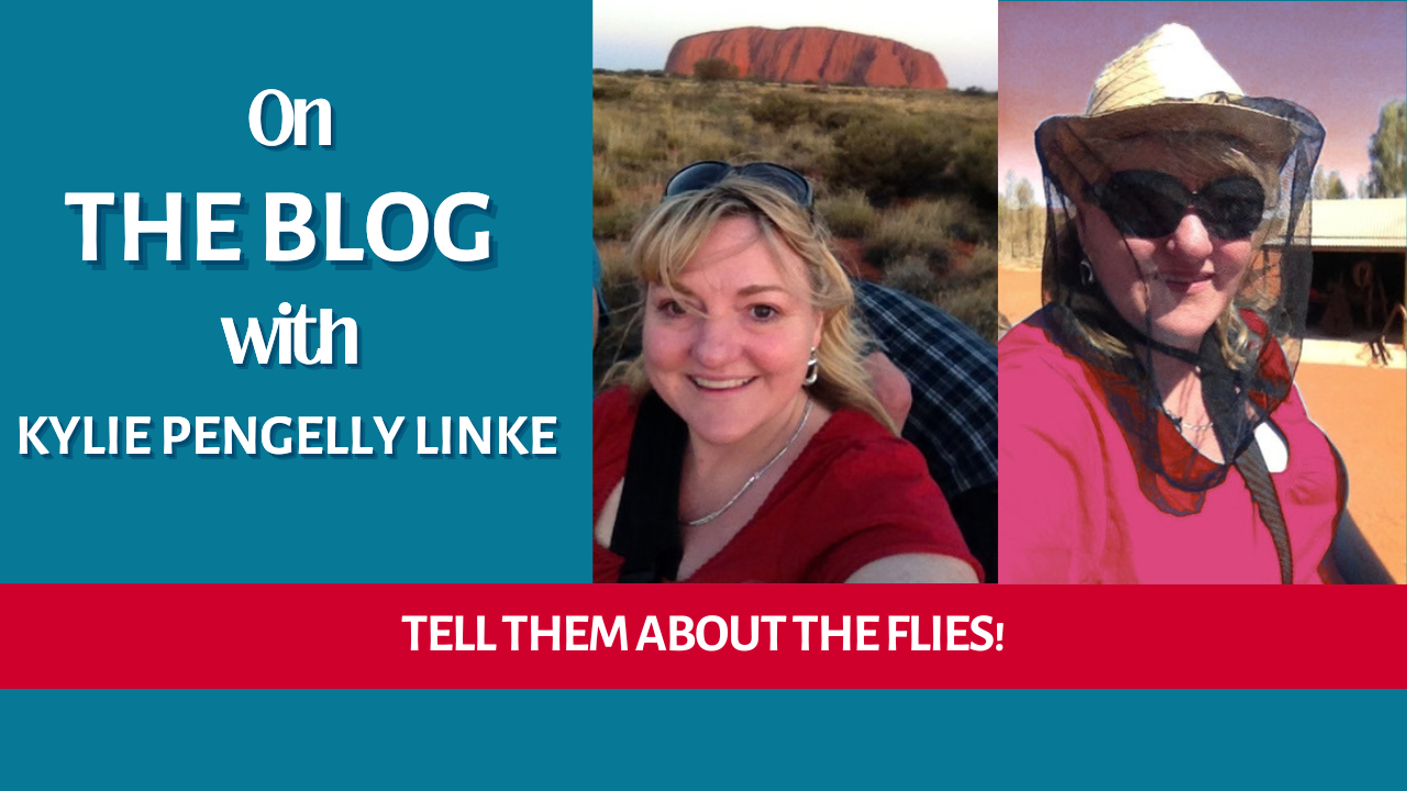 Tourist photo of Kylie Pengelly Linke at Uluru, beside a photo of her wearing a fly net, showing the reality of the outback.