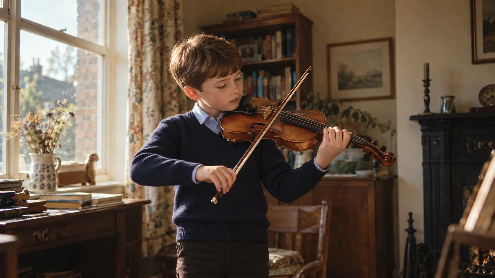 A young boy practising the violin at home