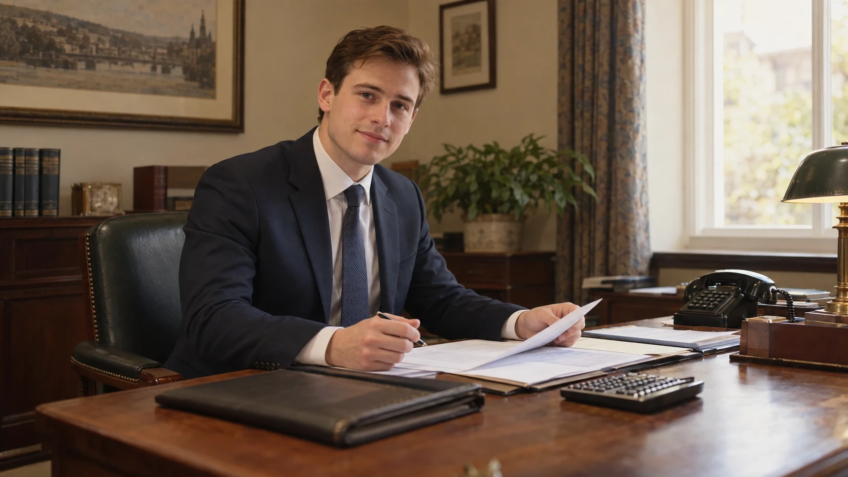 A young financial adviser at his desk in a traditional office