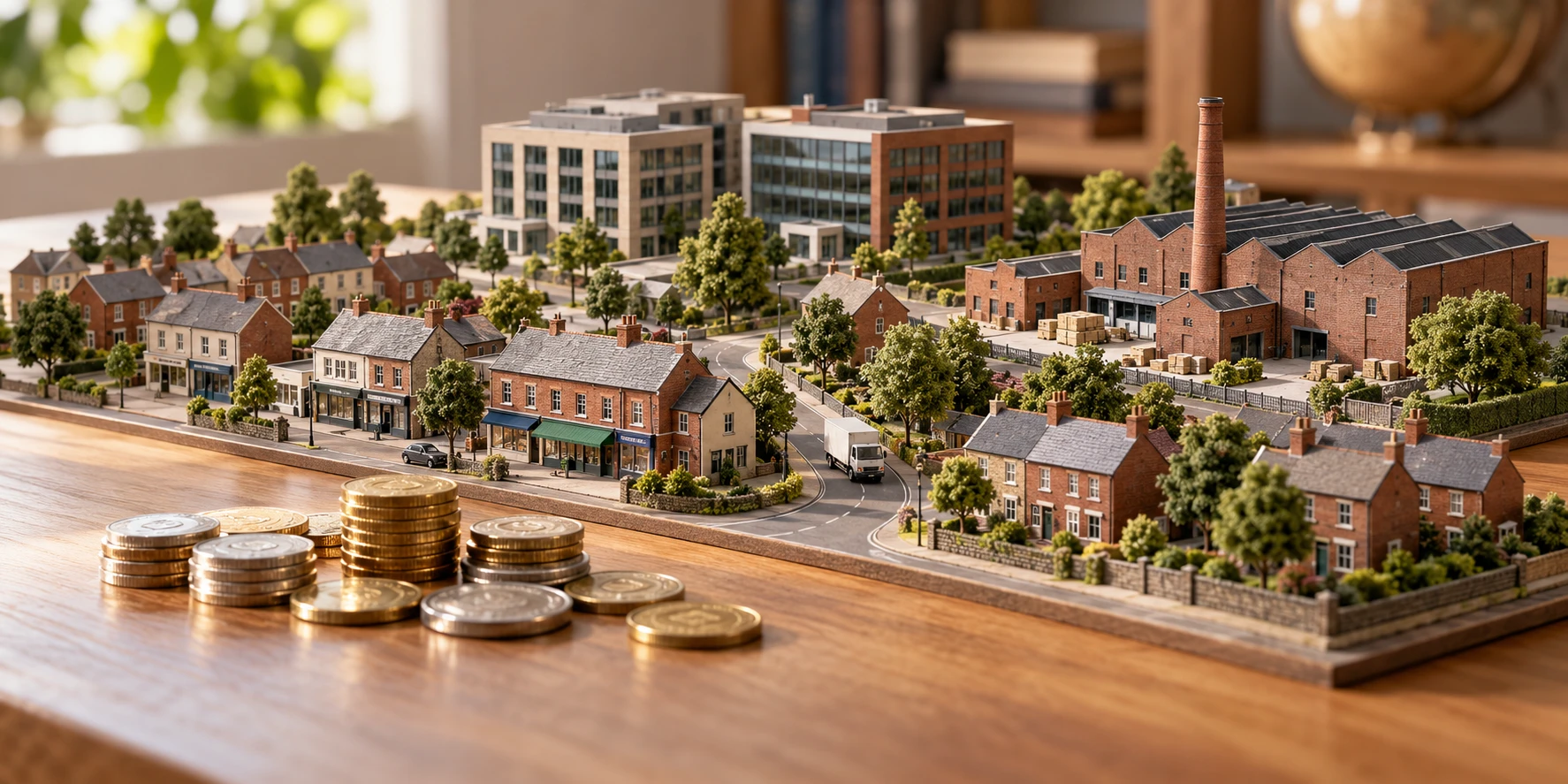 A model town of homes, shops, offices and a factory beside stacks of coins