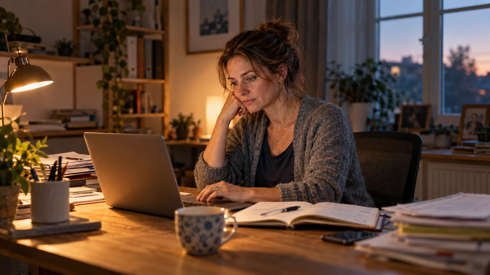 A business owner working late at her desk, looking tired