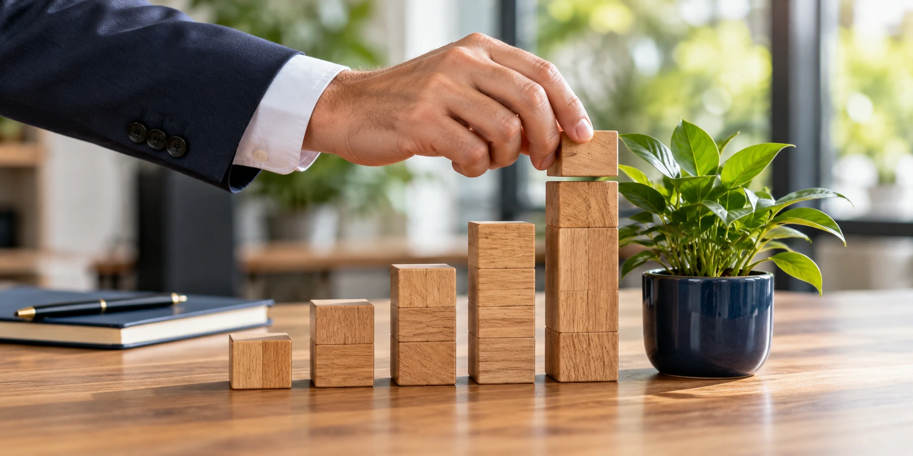 A hand adding a wooden block to a rising stack, like a growth chart