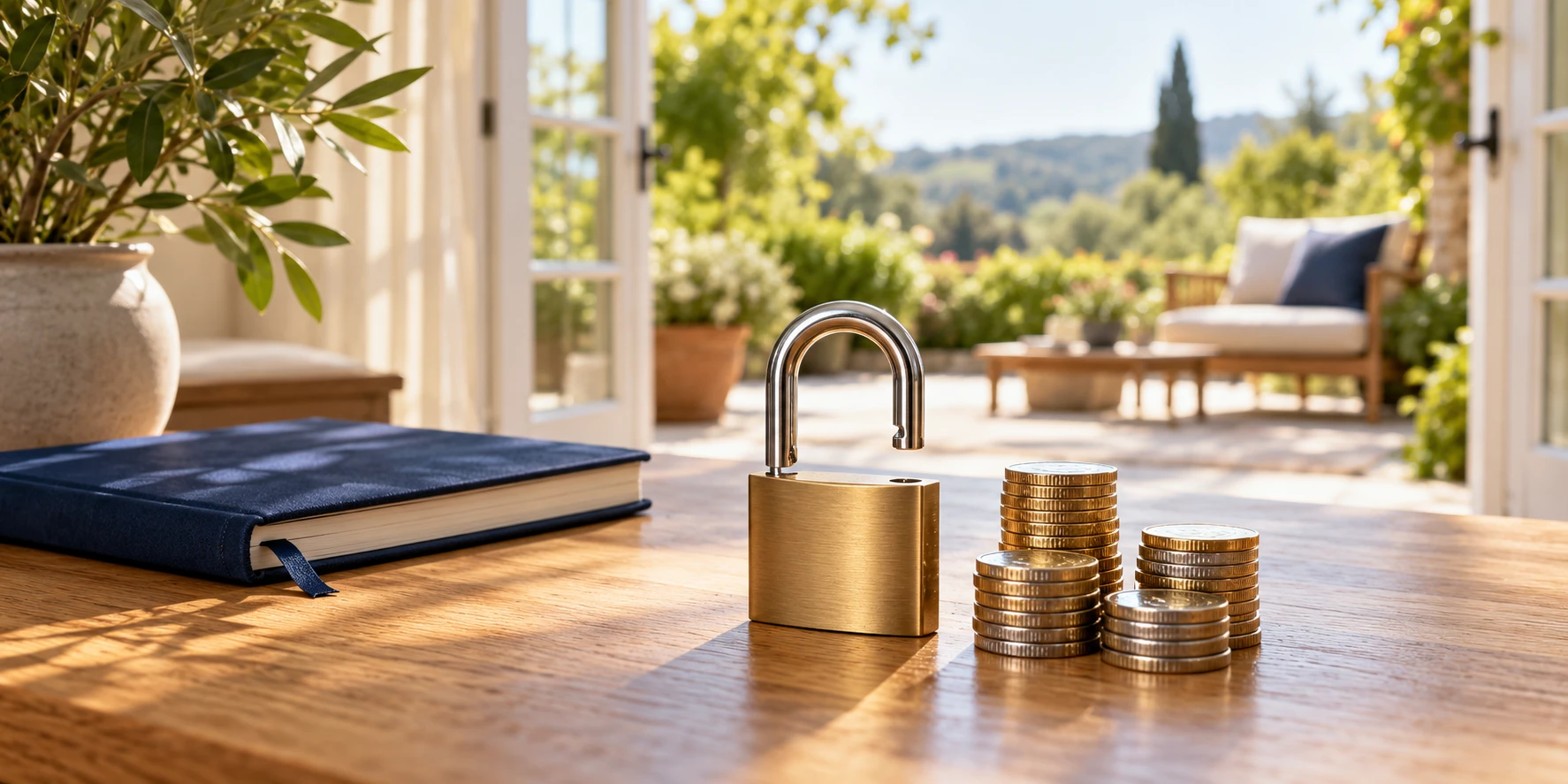 An open padlock beside stacks of coins on a sunny table
