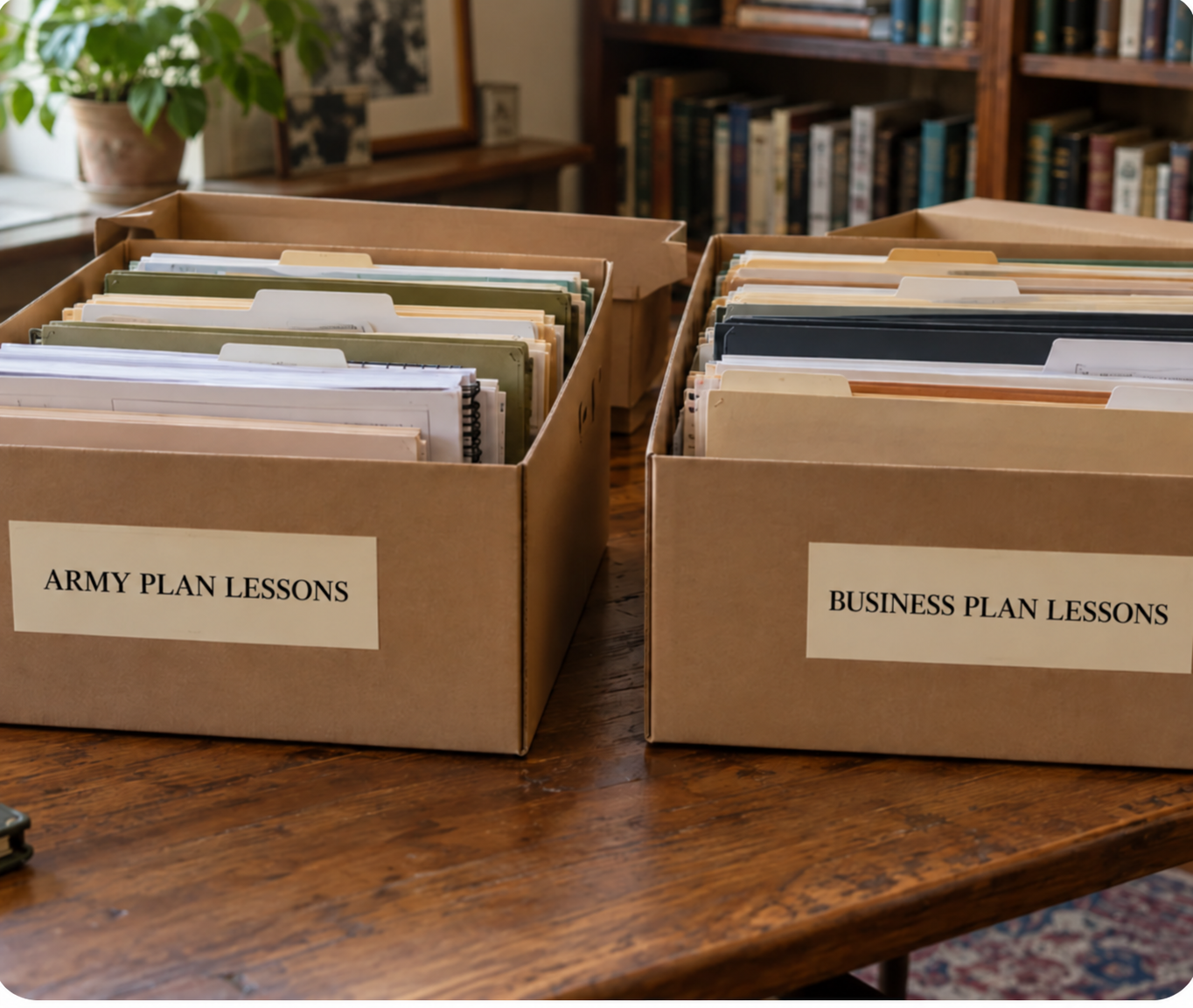 Two boxes of files on a desk, labelled Army Plan Lessons and Business Plan Lessons