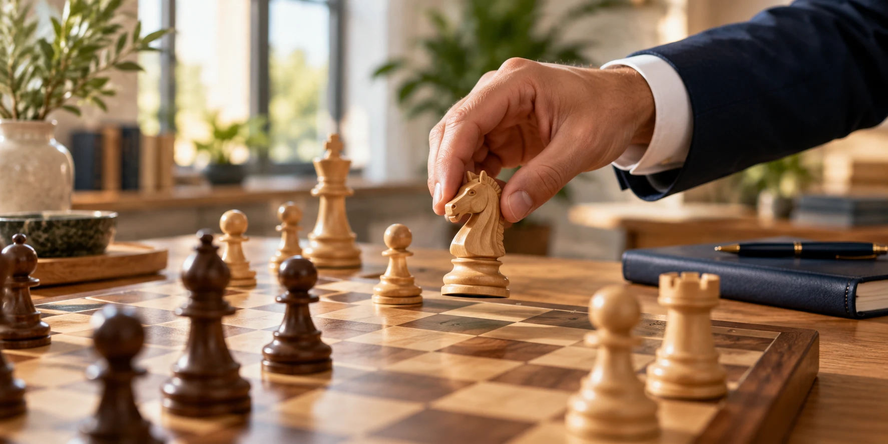 A hand moving a knight on a chessboard