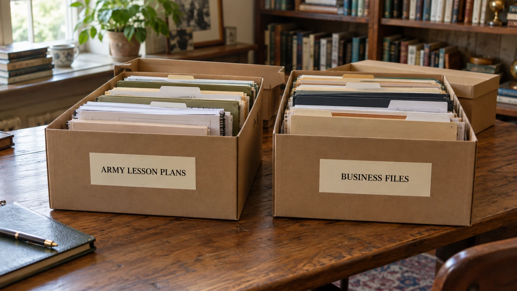 Two boxes of files on a desk, labelled Army lesson plans and Business files