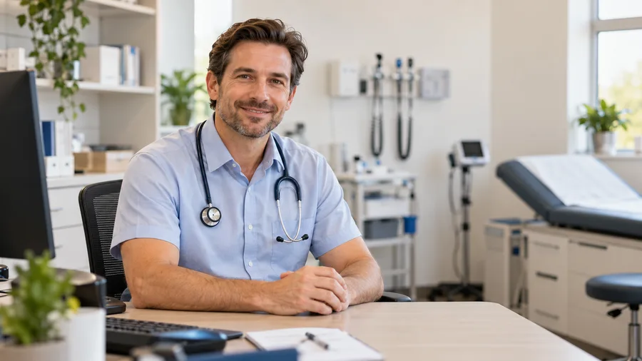 A smiling GP at his desk in a surgery